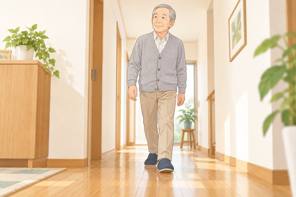 室内履きで家の廊下を歩く高齢の男性のイラスト