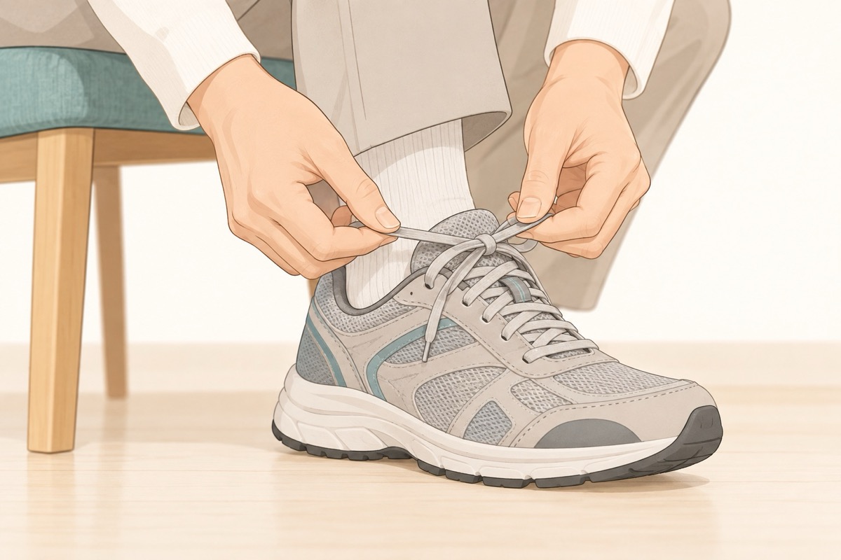 かかとを合わせてから靴ひもを締め直す手元のイラスト