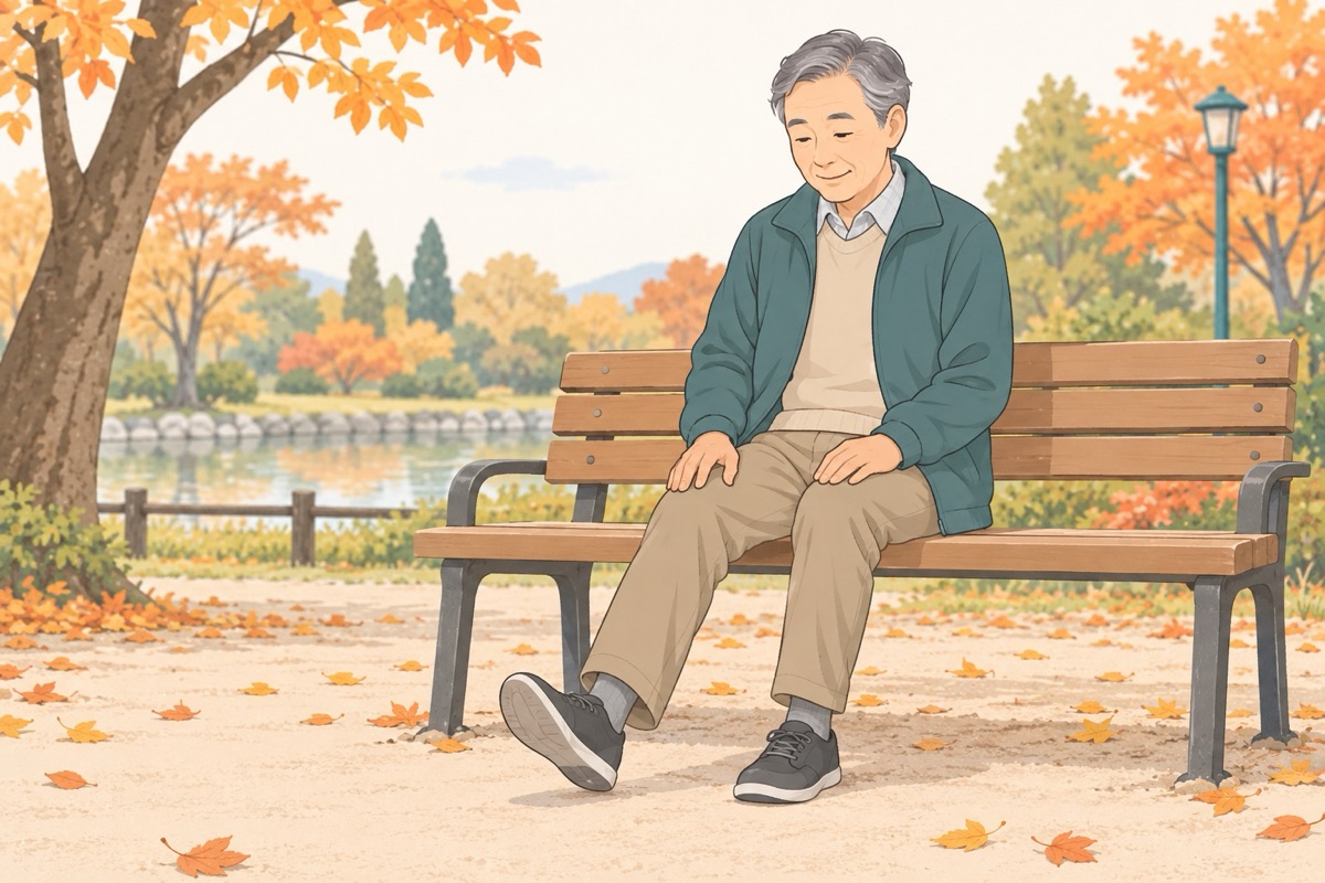 公園のベンチに座り、片足を前に出して足首を動かす男性のイラスト